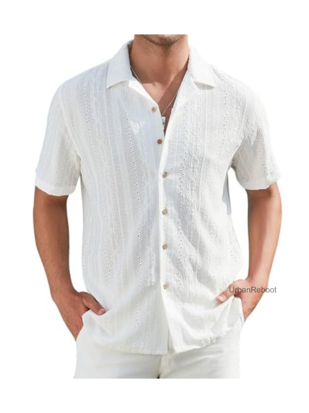 Mens Linen Button Down Short Sleeve Casual Beach Stretch Shirt
